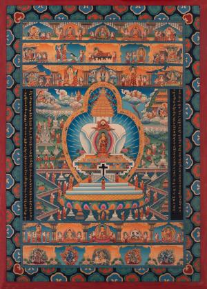 Hand-painted Stupa Thangka with various buddha's life events